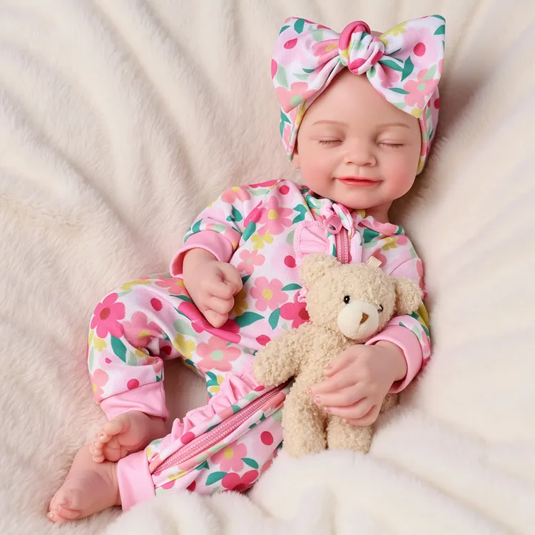 Babeside Cookie 16" Realistic Silicone Baby Girl Doll &ndash; Sweet Sleeping Doll with Floral Pajamas & Teddy Bear Gift Set