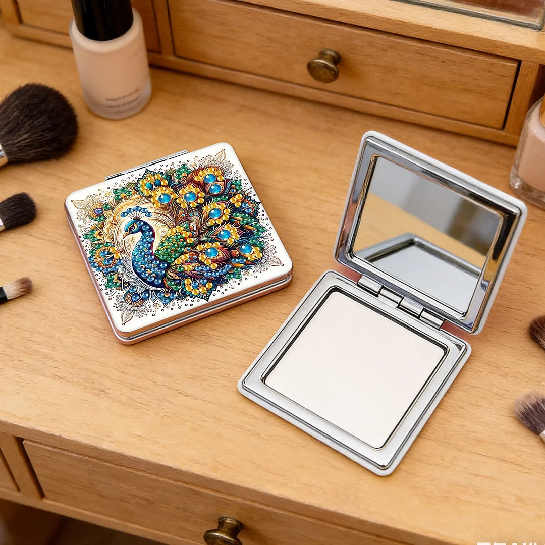 Yellow Peacock DIY Special Shaped Diamond Painting Compact Mirror Kits Diamond Art Painting Pocket Mirror for Adults and Beginners