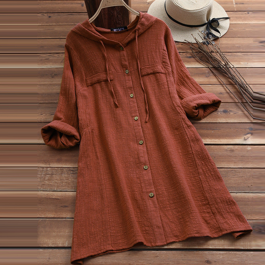 Women Casual Cotton Linen Loose V Neck Button Long Sleeve Cardigan Dresses