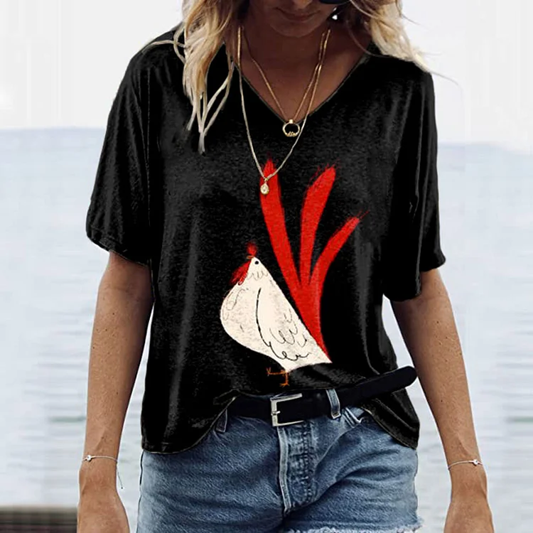 Vefave Rooster Print Short Sleeve T-Shirt