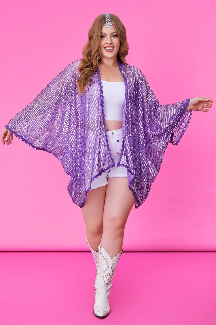 Xpluswear Design Plus Size Purple Party See-through Sequin Kimono Cardigans 