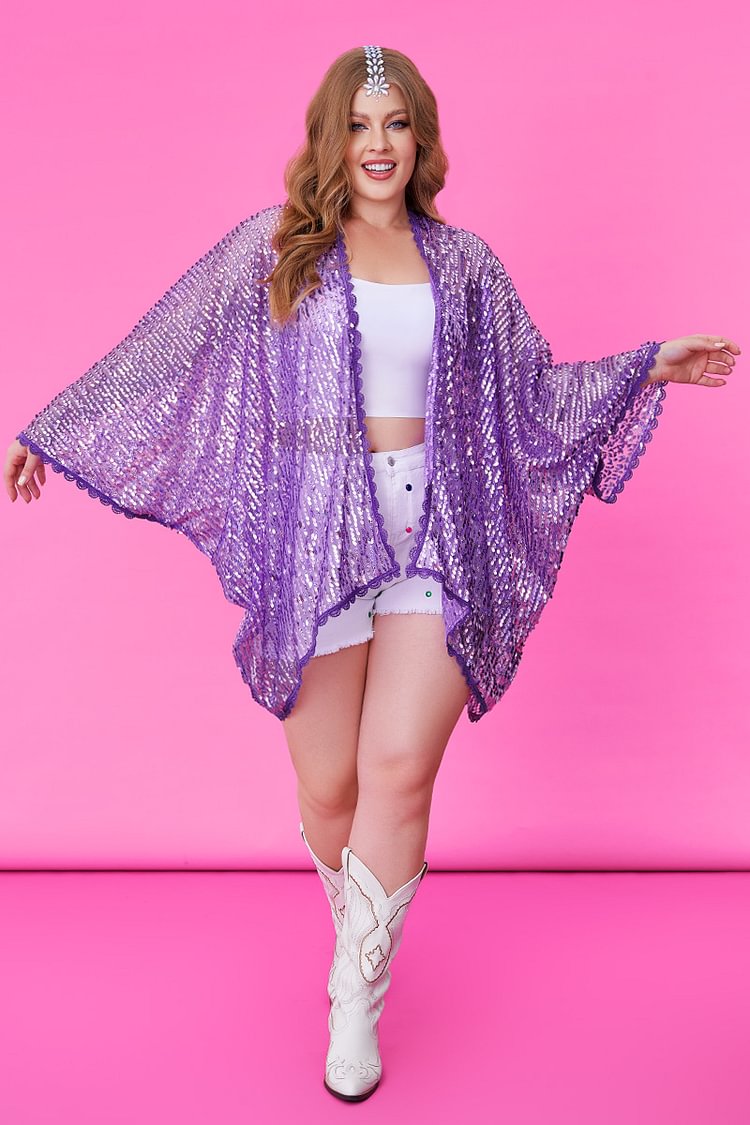 Xpluswear Design Plus Size Purple Party See-through Sequin Kimono Cardigans [Pre-Order]