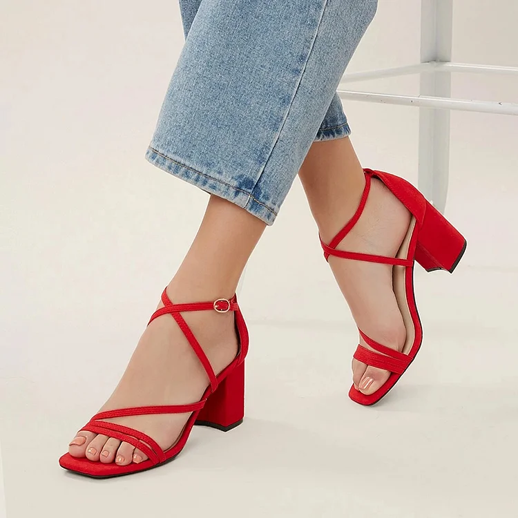 Red Square Toe Shoes Classic Strappy Wrap Sandals Office Block Heels |FSJ Shoes