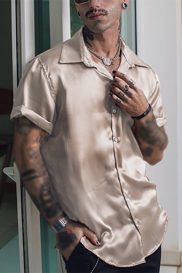 Men's Casual Solid Color Satin Lapel Short-Sleeved Loose Street Shirt