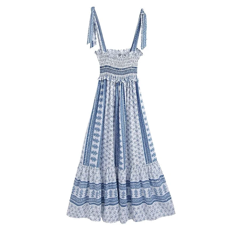 KPYTOMOA Women 2021 Chic Fashion Smocked Printed Midi Strappy Dress Vintage Bow Tie Straps Ruffled Hem Female Dresses Mujer