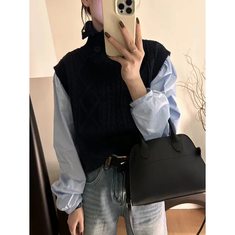 Churchf Churchf 2024 New European Goods Button High-Neck Knit Vest Female Retro Button Pure Color Rhomenge Vest Tide