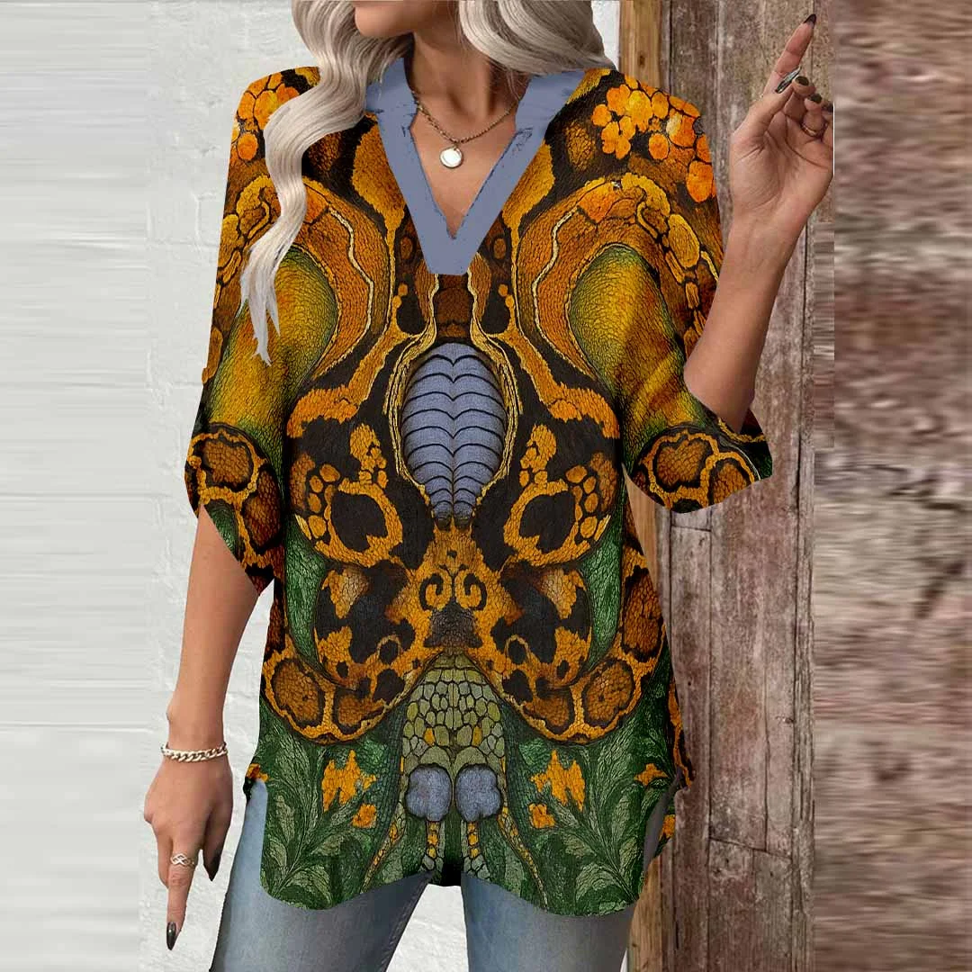 Women Bohemian, Gold, Blue DZGA0401 3/4 Sleeve V-neck Printed Graphic Button Tops