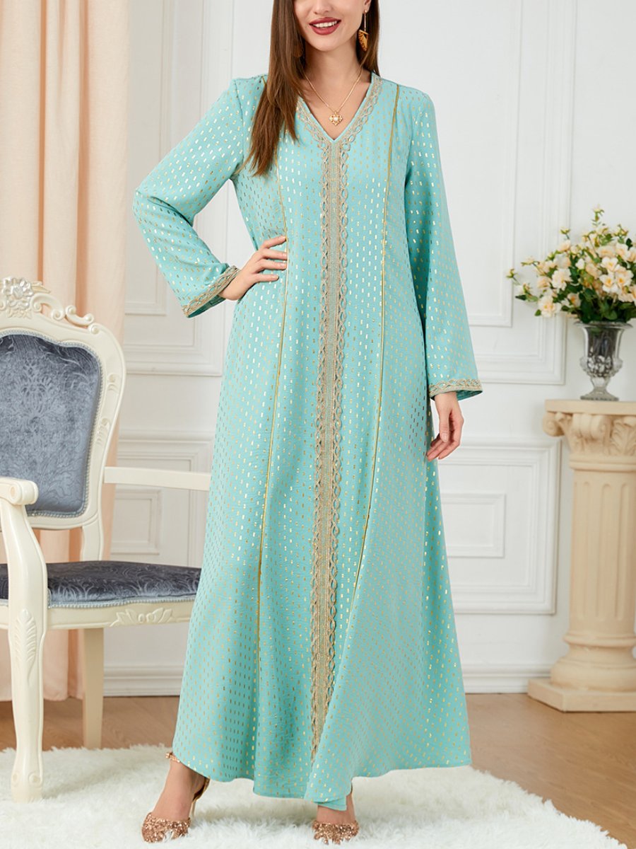 Golden Printed V Neck Long Sleeve Lady Green Dress | Oxredo Shop Ramadan Sale
