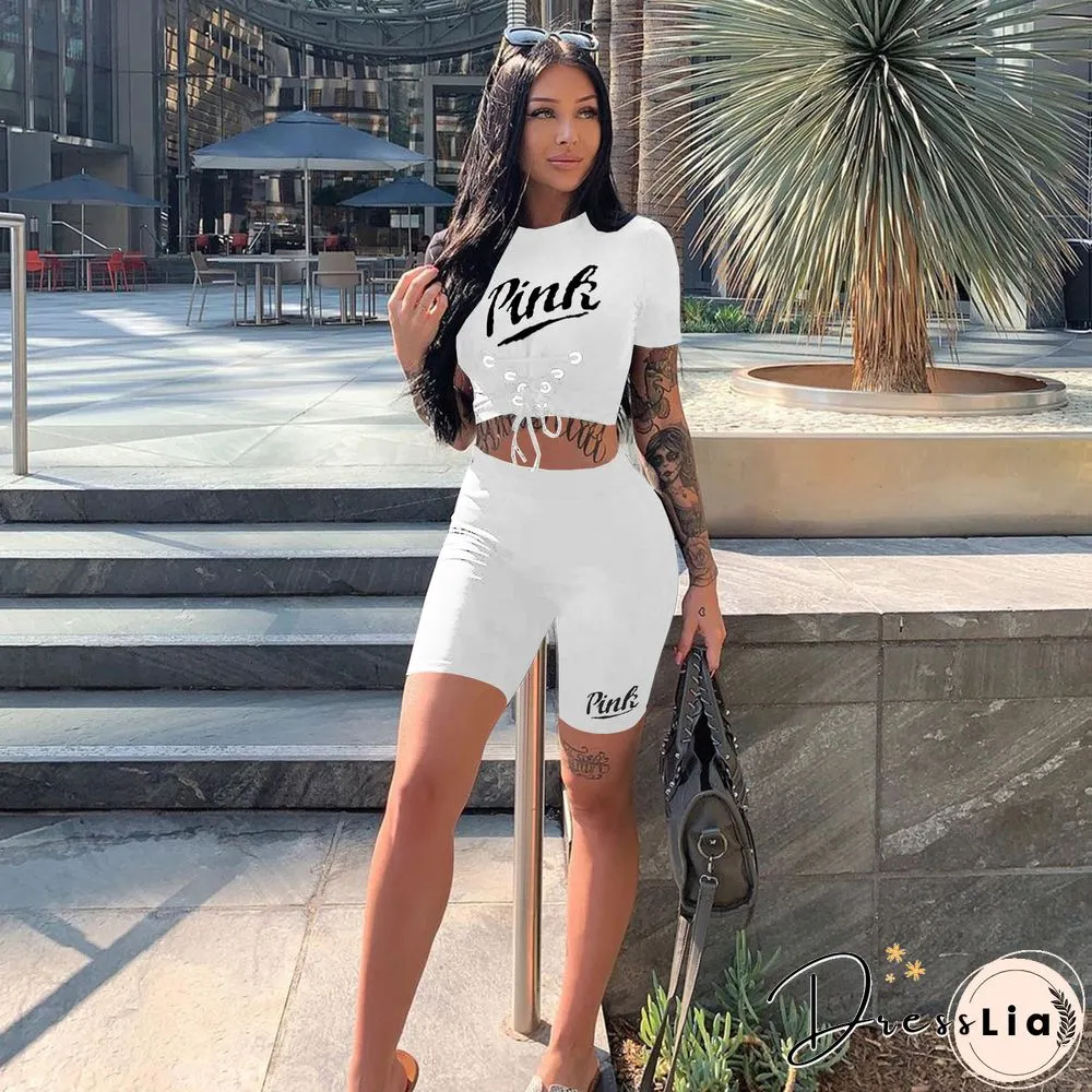 Sportswear Short Sleeve Crop Tops Biker Shorts Set