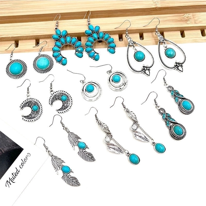 New  Hot Sale Turquoise Earrings Suit Women's Bohemian Retro Personalized Ethnic Style Alloy Earrings