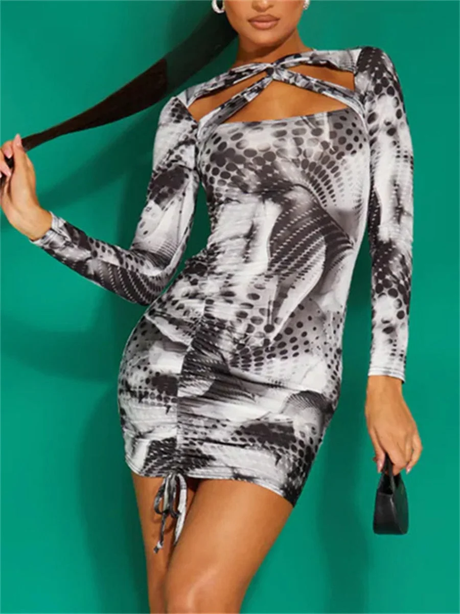 wsevypo Long Sleeve Twist Cutout Bodycon Dress Vintage Dots Print Hollowed Drawstring Ruched Wrapped Club Party Dress for Women