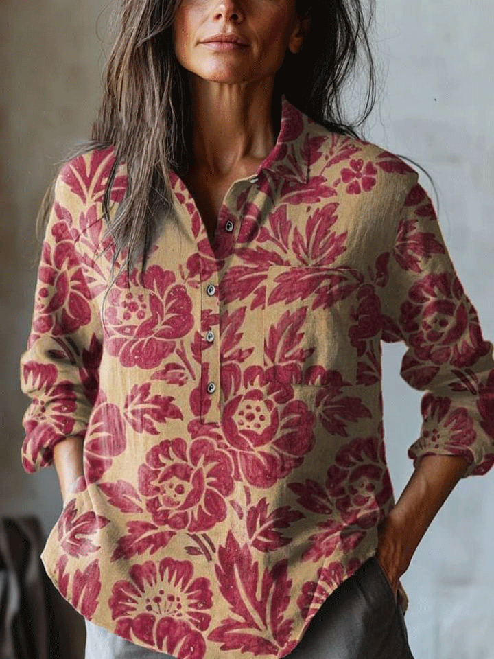 Women's   Flowers  Art Print Casual Cotton And Linen Shirt