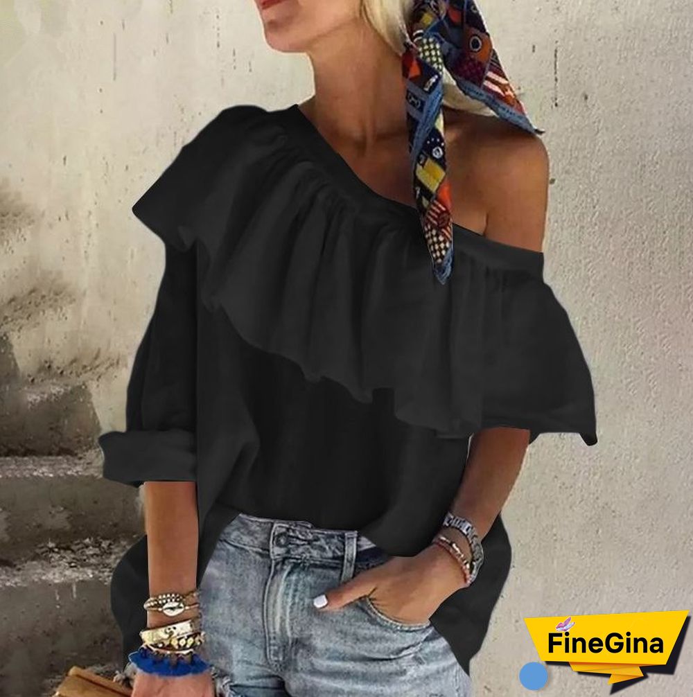 One Shoulder Ruffle Layer Half Sleeve Solid Blouse