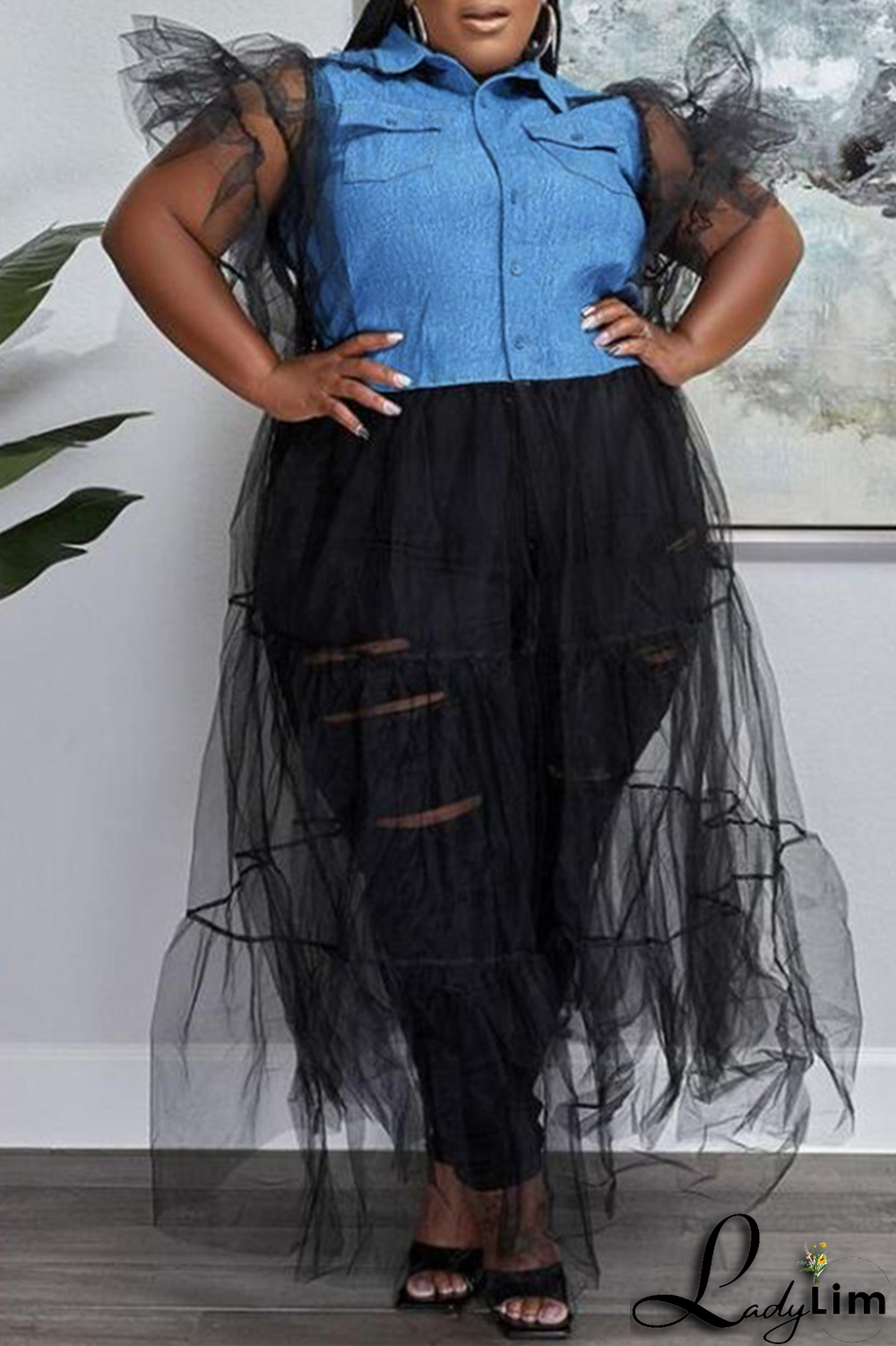 Black Casual Solid Mesh Turndown Collar Irregular Dress Plus Size Dresses