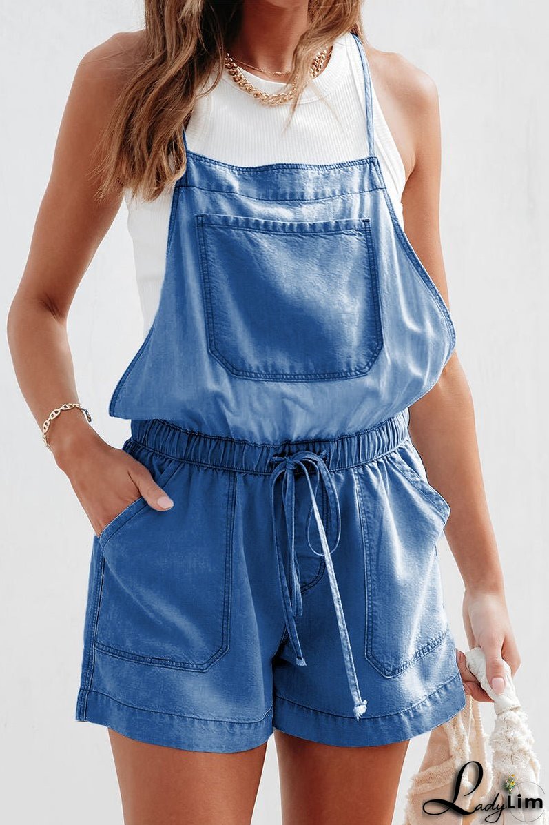 Casual Simplicity Solid Pocket Frenulum Loose Rompers