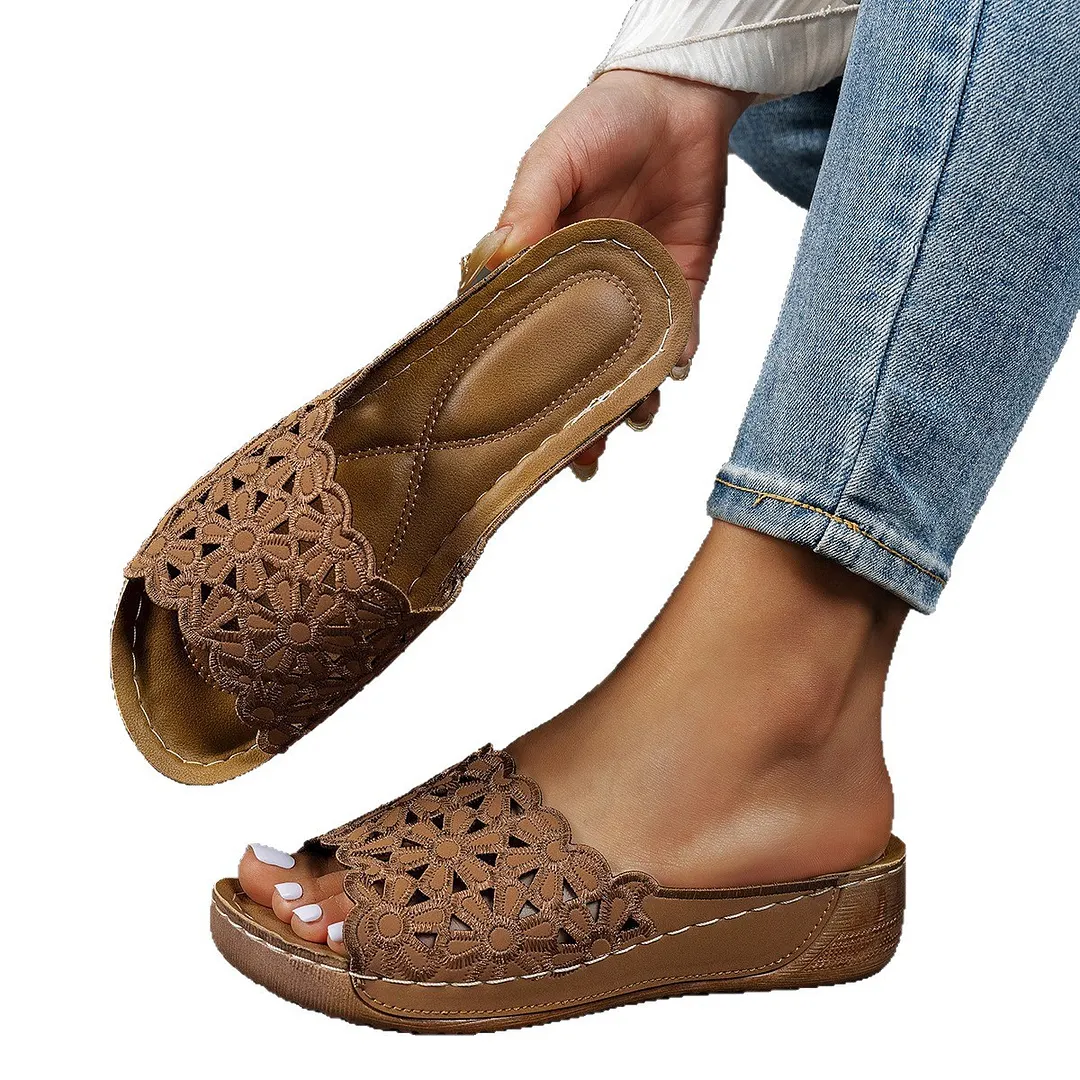 Breakj Breakj Summer New Women's Thick Bottom Slippers Large-Size Fish Mouth A Word Wide Striped Thick Bottom Slippers Women