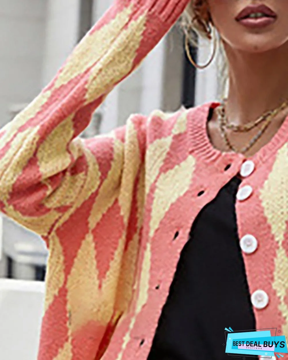 Argyle Print Color Block Buttoned Long Sleeve Cardigan
