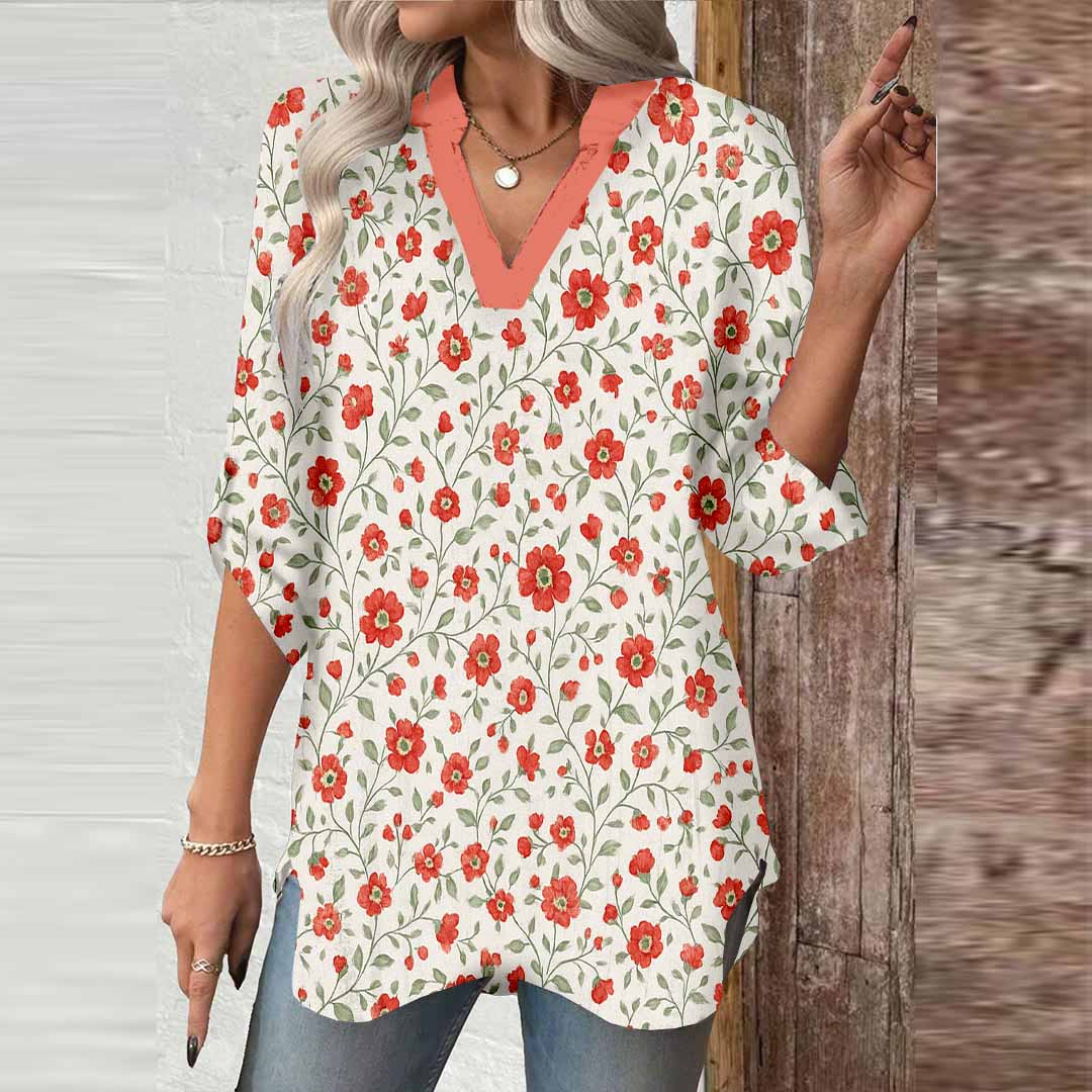 Women Floral, Red DZGA0354 3/4 Sleeve V-neck Printed Graphic Button Tops