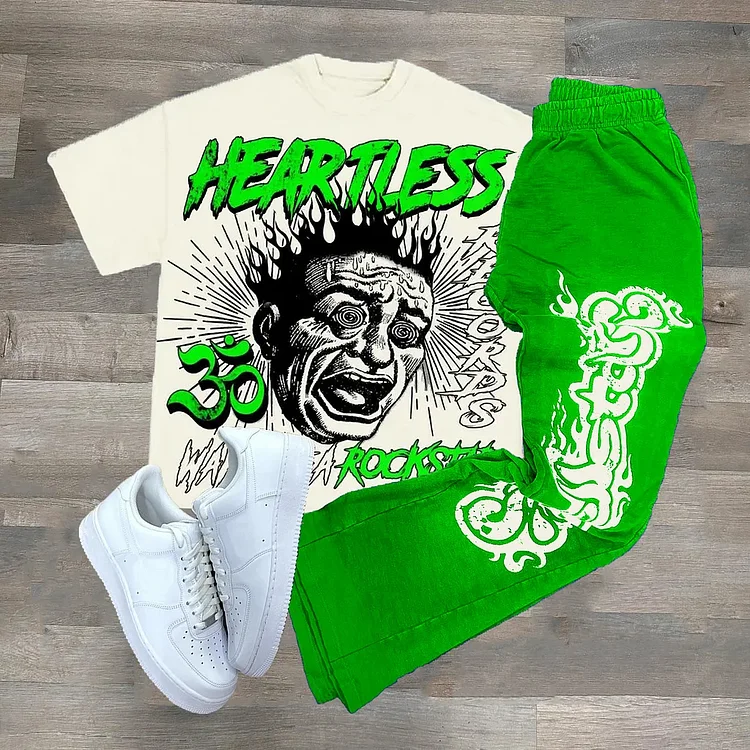 Y2k Heartless Graphic Print Hip Hop Tee & Flared Trousers Two Piece Set