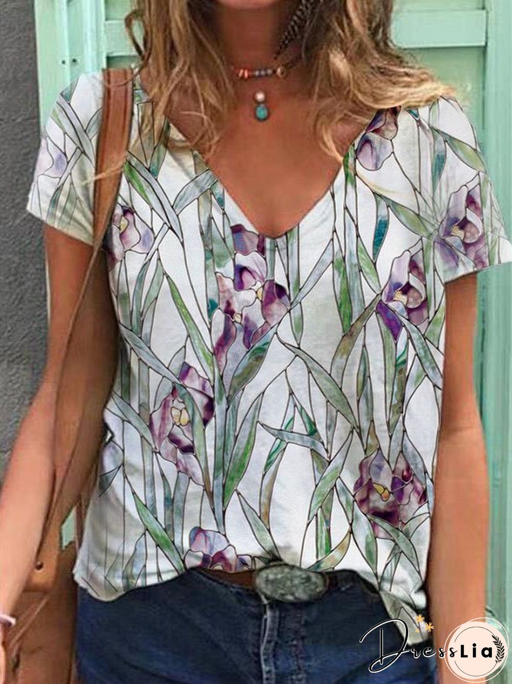 Short Sleeve Cotton-Blend Shift Floral T-shirt