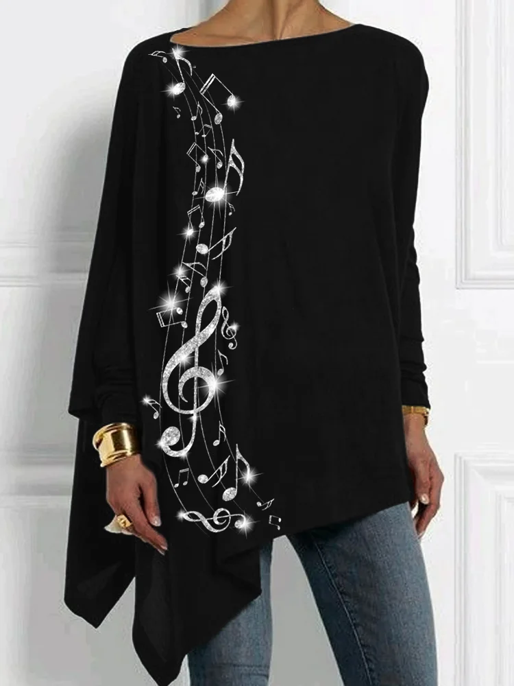 VChics Classy Glitter Music Notes Bat Sleeve T Shirt