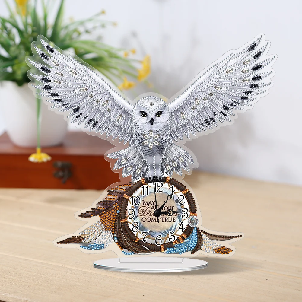 DIY White Owl Special Shape Acrylic Diamond Painting Clock Art Craft