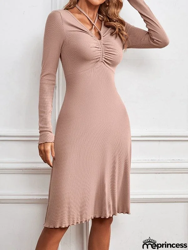 A-Line High Waisted Pleated Solid Color Deep V-Neck Midi Dresses