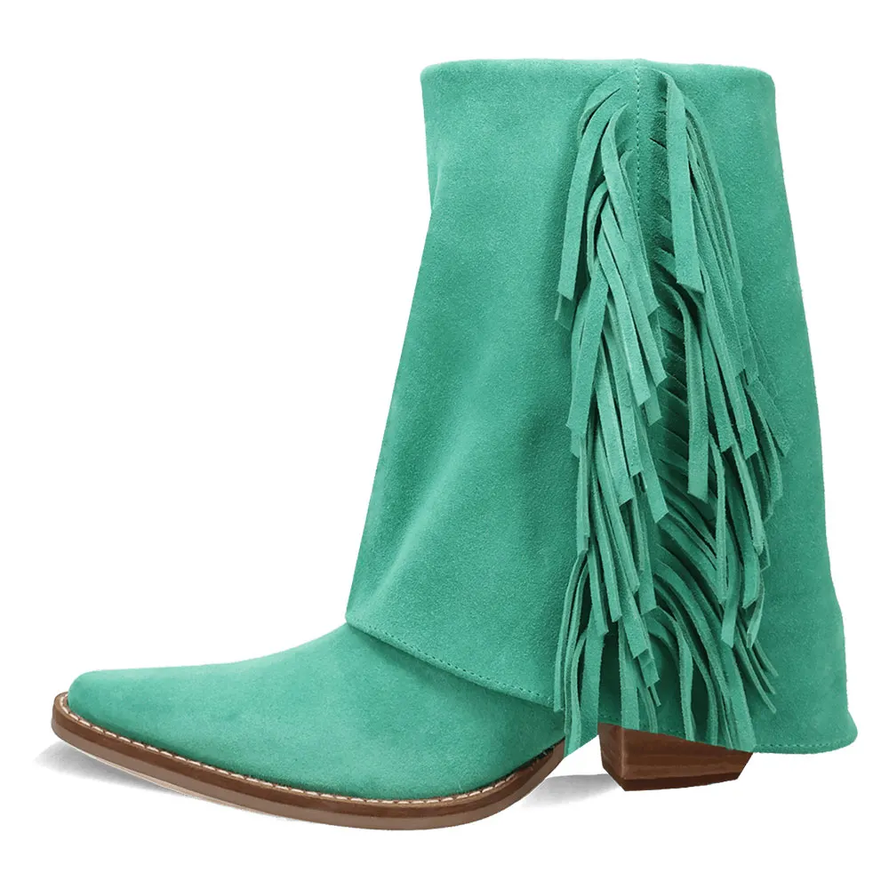 Green Vegan Suede Almond Toe Fringe Chunky Heel Fold Over Ankle Boots