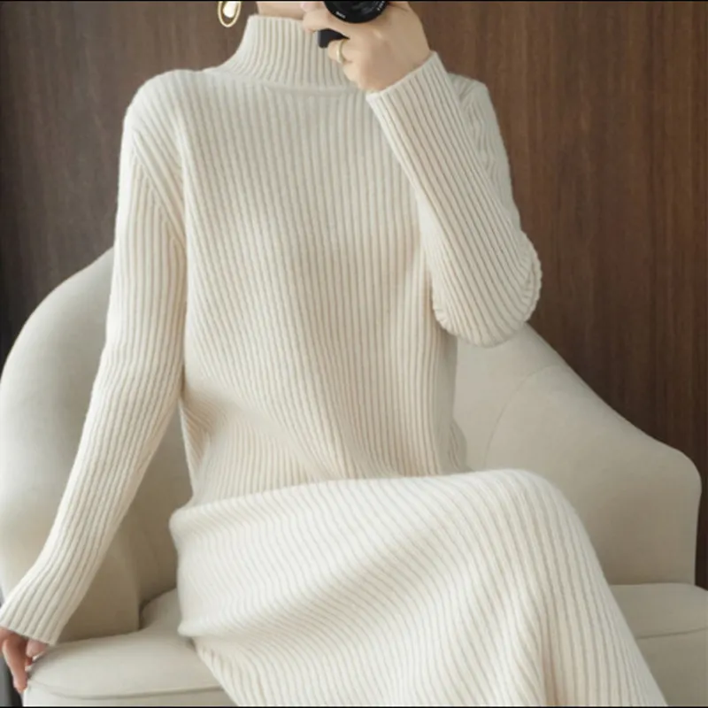 Churchf Churchf Autumn Winter 2 Half High Collar Over The Knee Loose Knit Dress Long Style Lazy Wind Dress