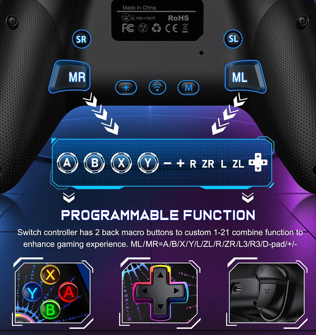 Switch Pro Controller for Nintendo Switch Controller/Switch Lite/OLED/Android/IOS/Windows PC, DinoFire Wireless Switch Controllers with Programmable, TURBO & Wakeup