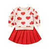 Kid Baby Girl Valentine's Day Spring Heart Printed Pleated Sets 2 Pcs