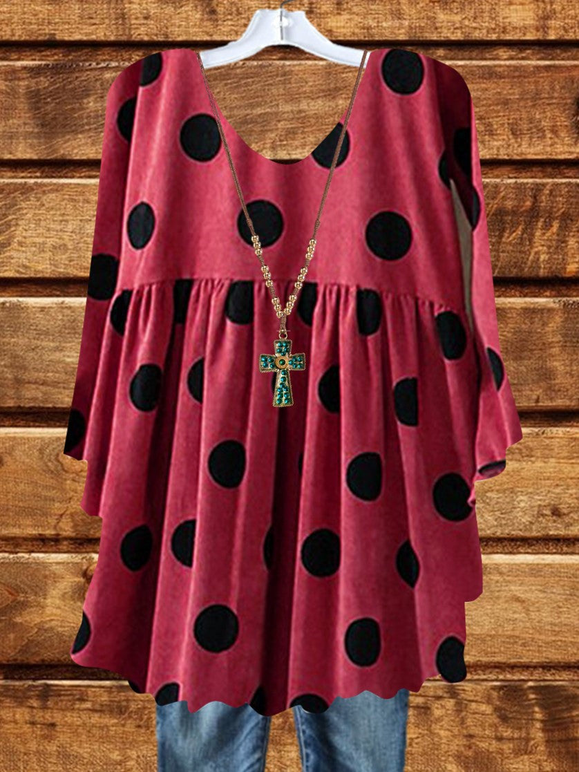 Women V-neck 3/4 Sleeve Polka Dot Printed Tops Dress