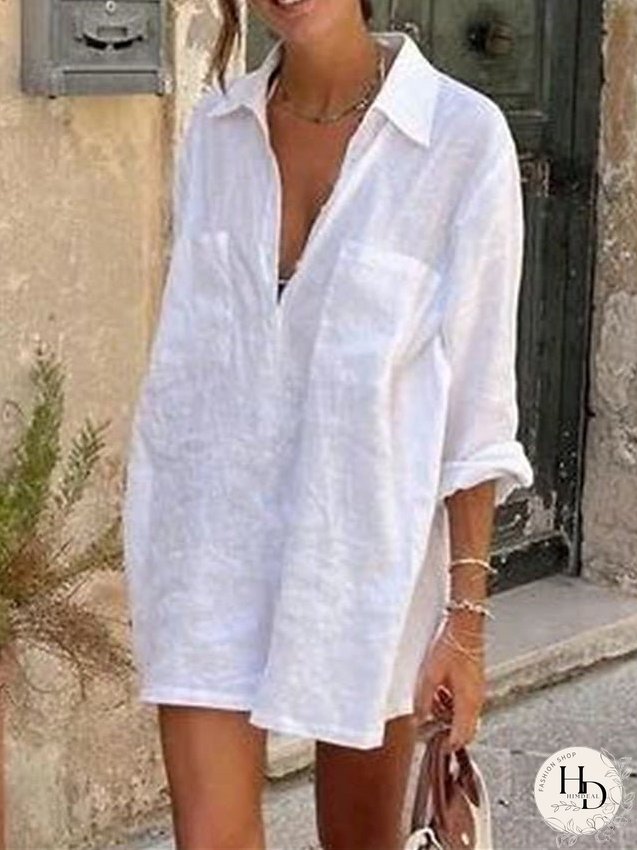 Cotton Linen Dress Casual Dress Shift Dress Mini Dress Cotton Blend Modern Casual Outdoor Daily Shirt Collar Pocket 3/4 Length Sleeve Summer Spring Fall Regular Fit White Plain S M L XL for Women