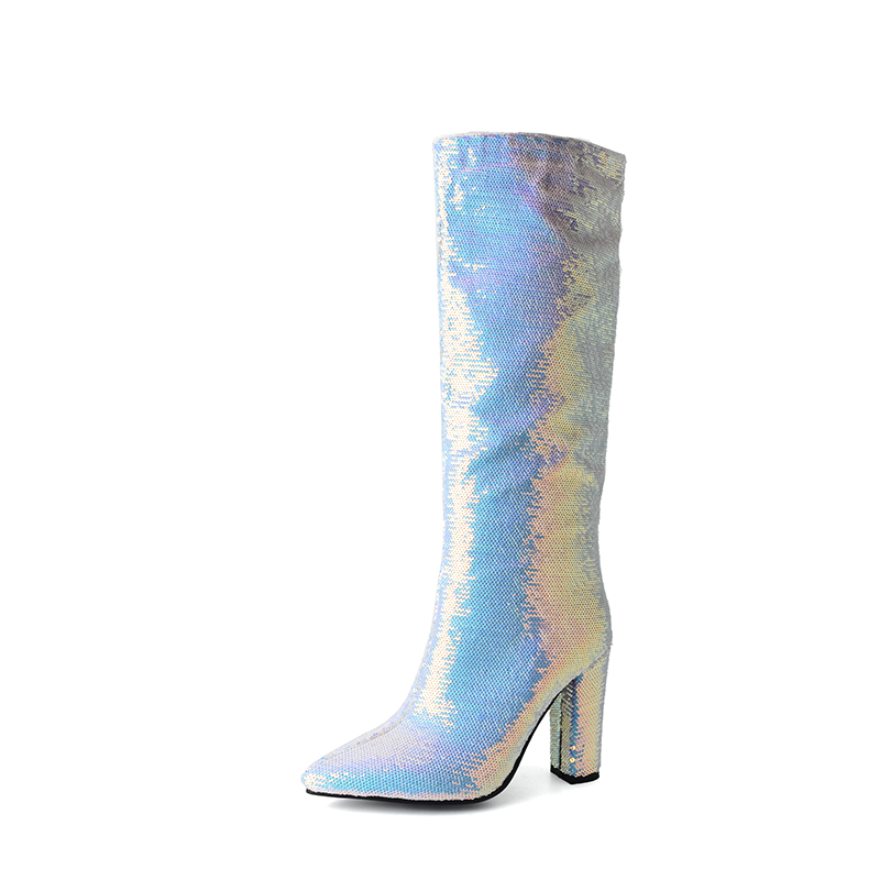 GOOSHOE Pointed Ultra High Thick Heeled Polka Dot Sequin Fabric Boots Bling Shiny Color Changing Thick Plush Knee Boots