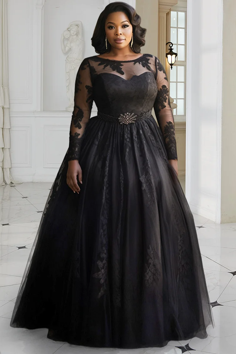 Xpluswear Design Plus Size Wedding Black Round Neck Long Sleeve See Through Elegant Lace Maxi Dresses [Pre-Order] 2024 - Xpluswear