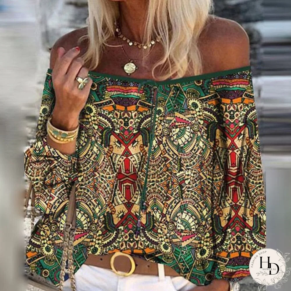 Summer Vintage Floral Print Boho Blouses Women Sexy Off Shoulder Flare Sleeve Shirts Tops Elegant Lace-Up Tassel Chic Blusa