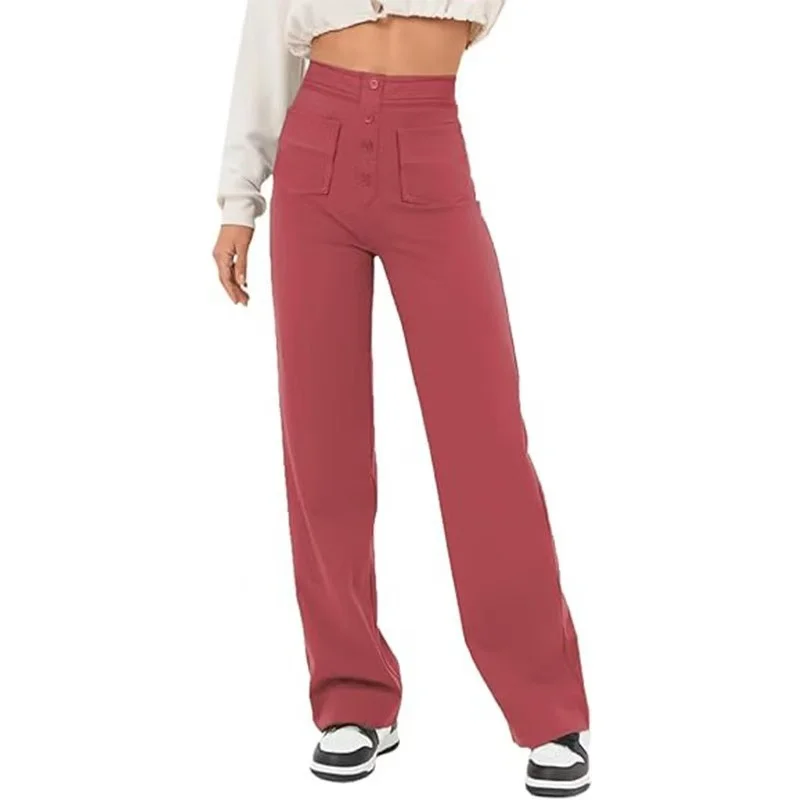 Wongn Wongn Fashion New Women's Casual Straight Pants High Waist Button Elastic Belt With Multiple Pockets