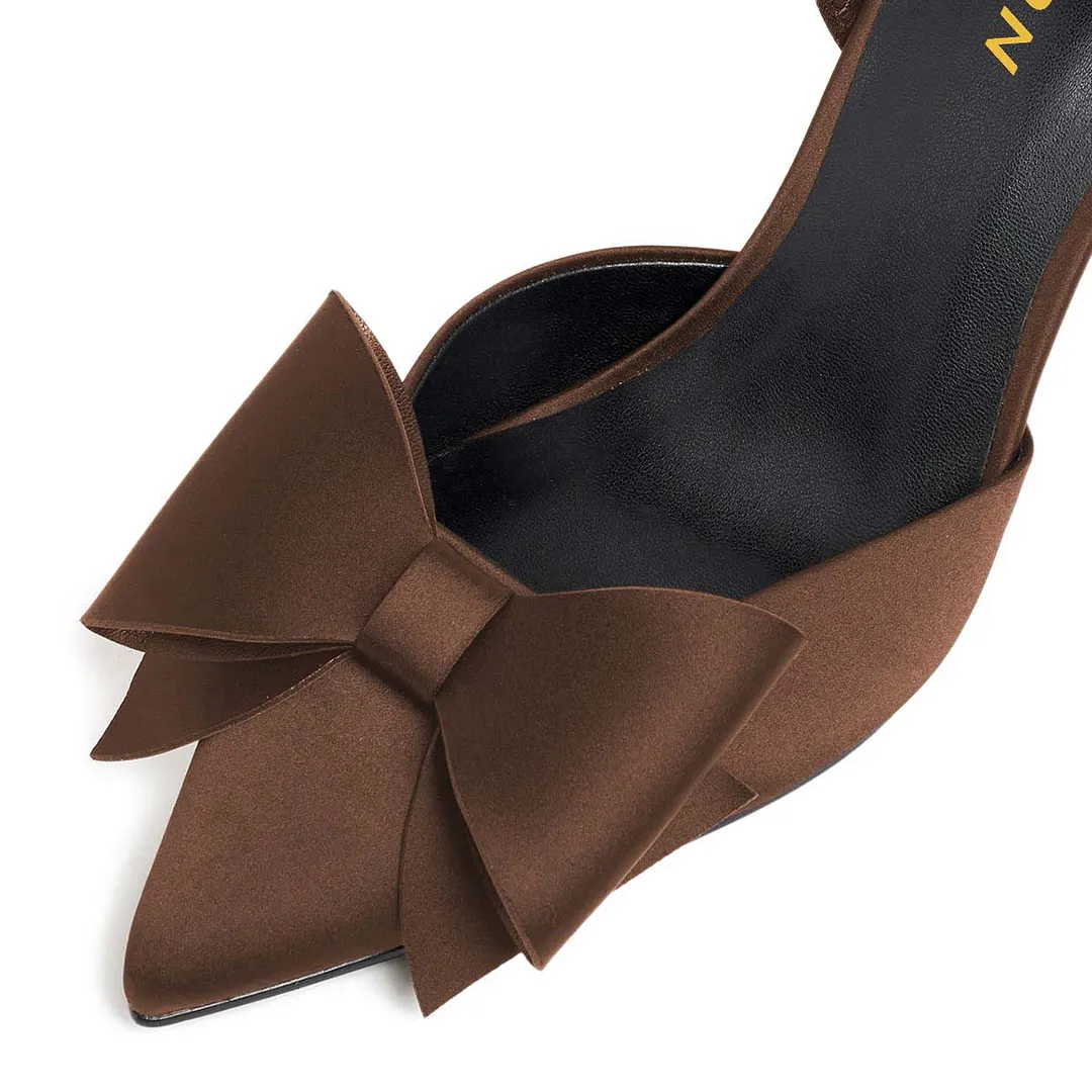 Brown Satin Pointed Toe Flared Heel Slingback Pumps with Bow