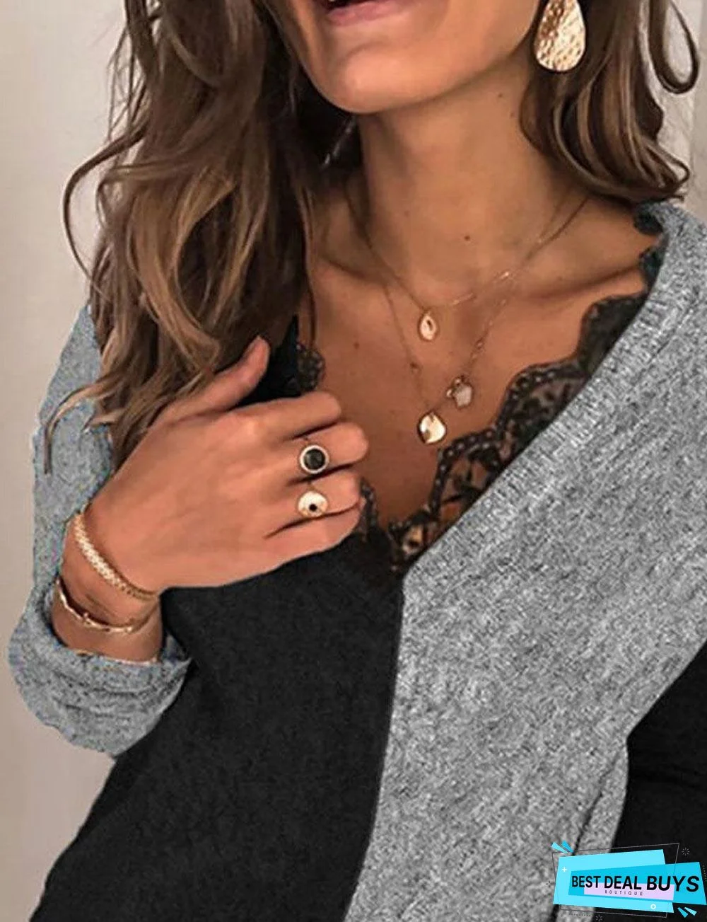 V-Neck Lace Teaching Casual Sweater Pullover