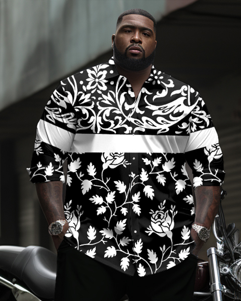 Men's Plus Size Vintage Pattern Stitching Printed Long Sleeve Lapel Shirt 2 Piece Set