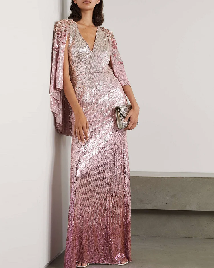 Cape-effect embellished ombre sequined tulle gown