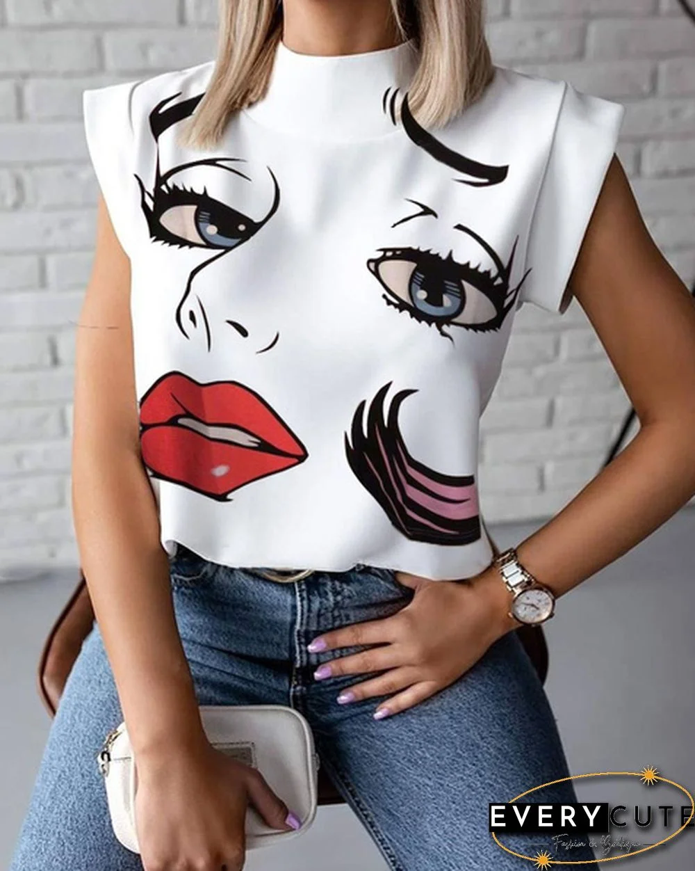 S-2XL New Fashion Women Elegant Lips Print Tops and Blouse Shirts Summer Ladies Office Casual Stand Neck Pullovers Eye Blusa Tops