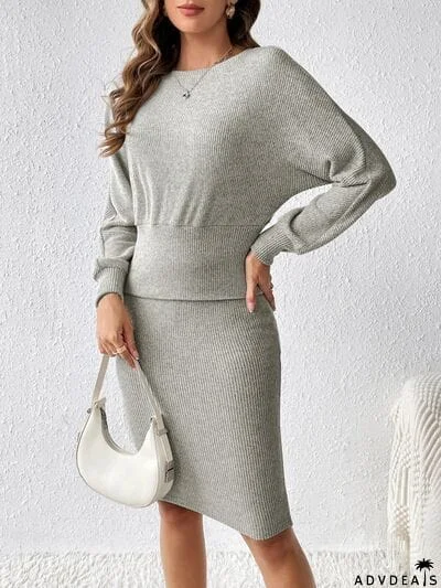 Ribbed Round Neck Top and Skirt Set