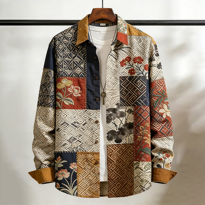 Men's Floral Pattern Color Block Print Cozy Long Sleeve Shirt  artssus