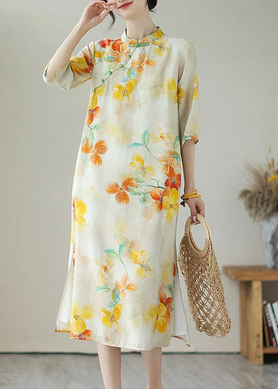 Vintage Yellow Stand Collar Print Button Patchwork Linen Dress Summer