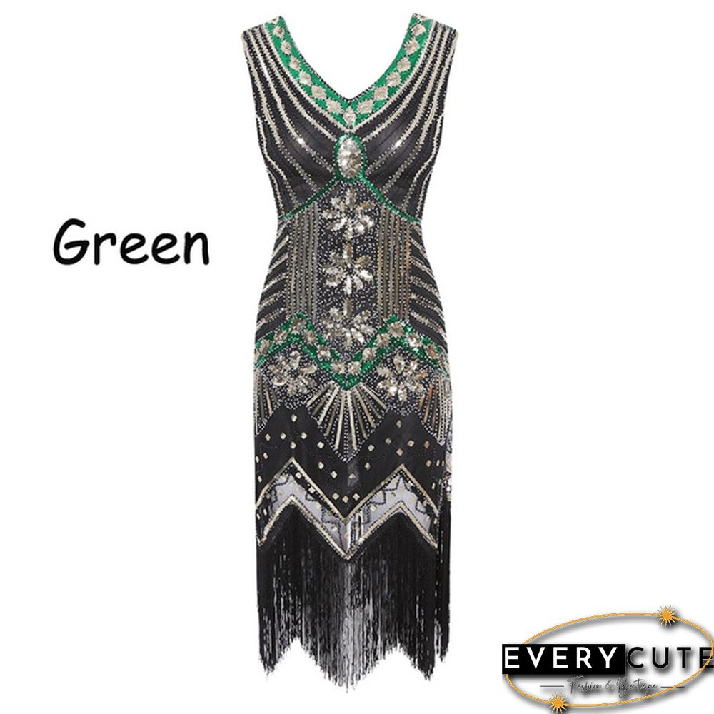 Vintage Dress Great Gatsby Dress 1920S Sequin Flapper Evening Dress Prom Tassel Hem Dress