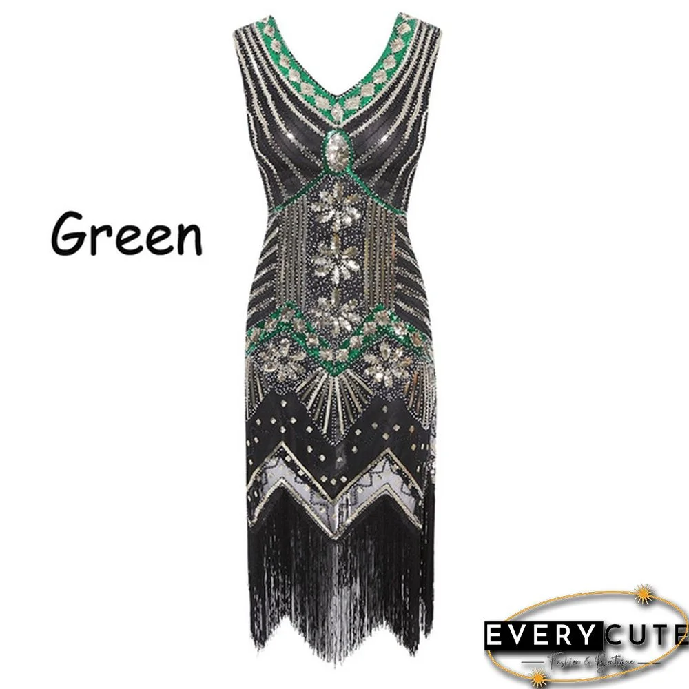 Vintage Dress Great Gatsby Dress 1920S Sequin Flapper Evening Dress Prom Tassel Hem Dress