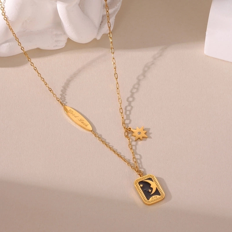 1 Piece Temperament 18K Real Gold Stainless Steel Dripping Letter Eight-Pointed Stars Square Plate Pendant Necklace Women’s Sweater Chain