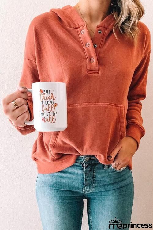 Button Up V Neck Hoodie with Pocket