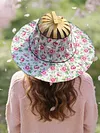 2 in 1 Bamboo Foldable Hand Fan Sun Hat Floral Printed Chinese Style Handheld Foldable Wide Brim Hat for Women Outdoor Beach Travel Accessory